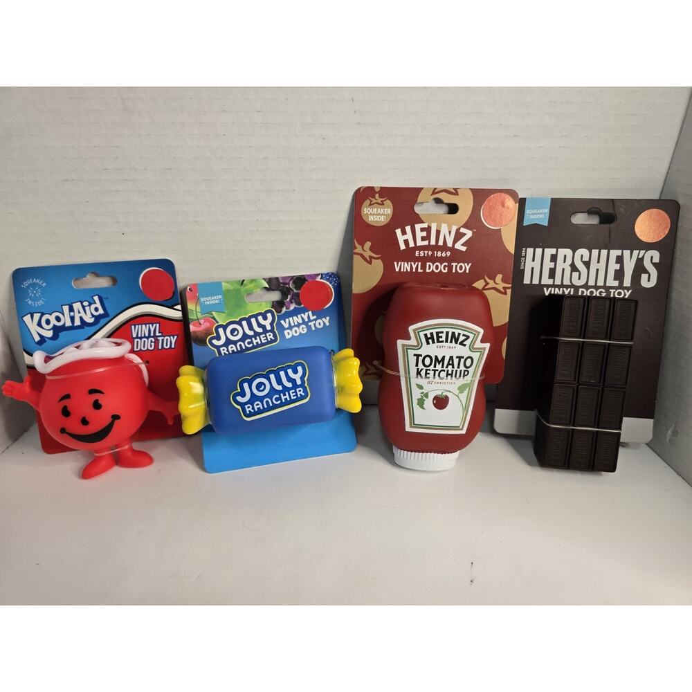 Dog Toys Hersheys bar, Kool-Aid man, Jolly Rancher, Ketchup Vinyl with squeaker